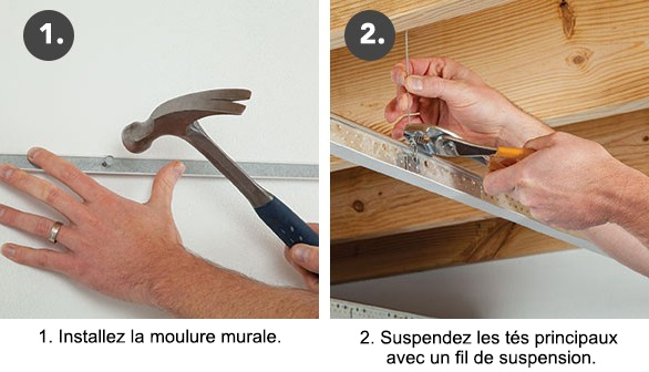 étapes 1 et 2 d'installation du plafond suspendu