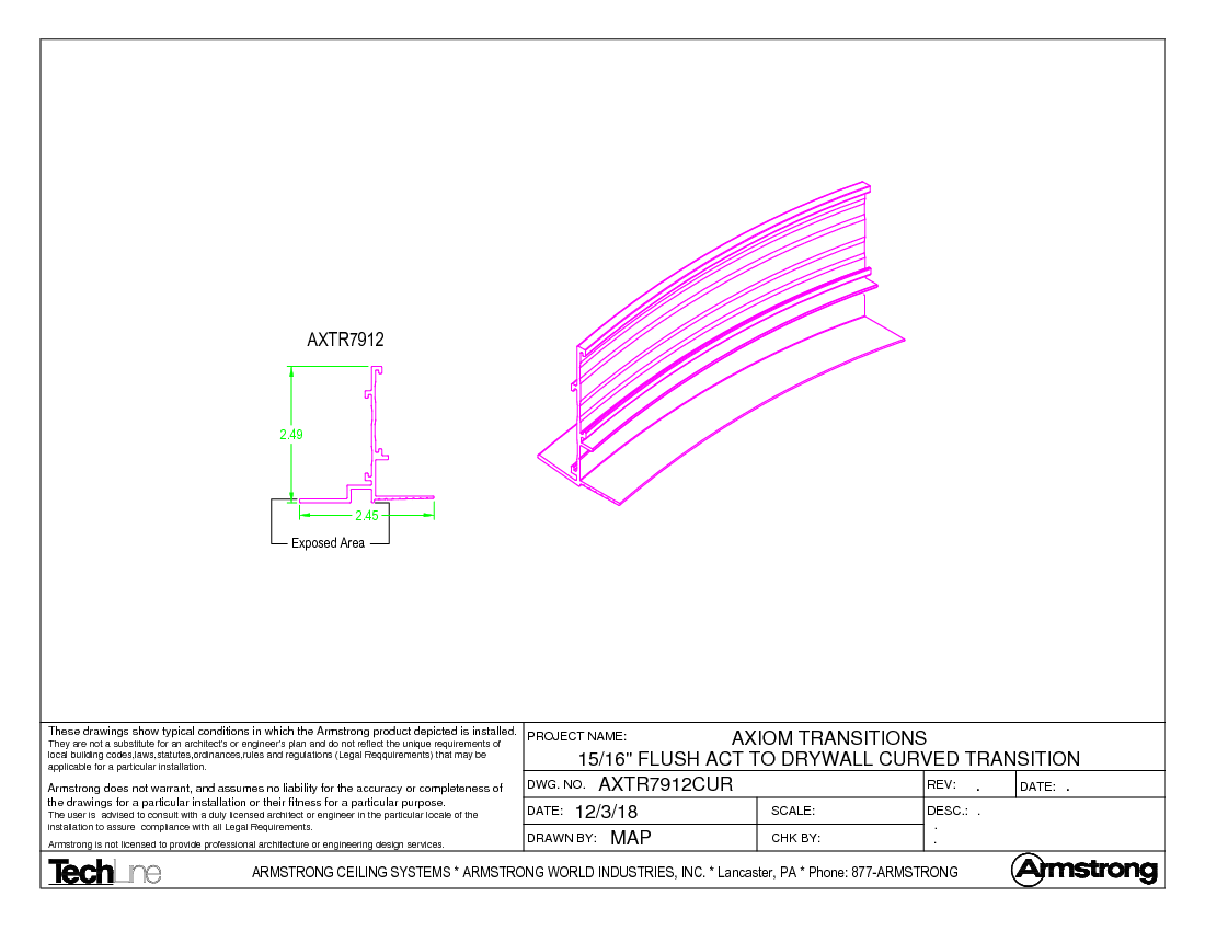15_16in Flush ACT to Drywall Curved Transition  AXTR7912CUR