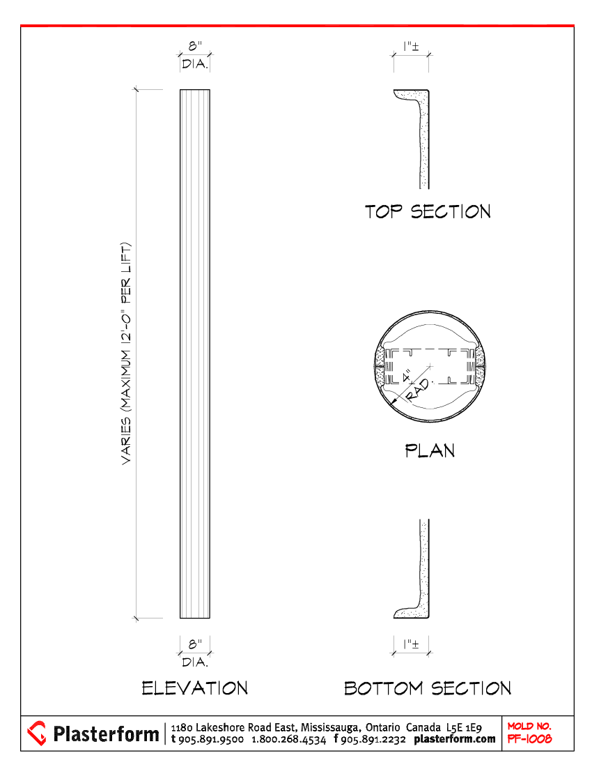 Plasterform PF-1008 Cylindrical Column Cover 8" Diameter