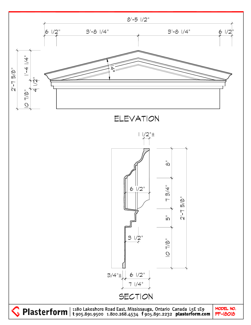 Plasterform PF-18018 Pediment 10-1/2"H x 6-1/2"D